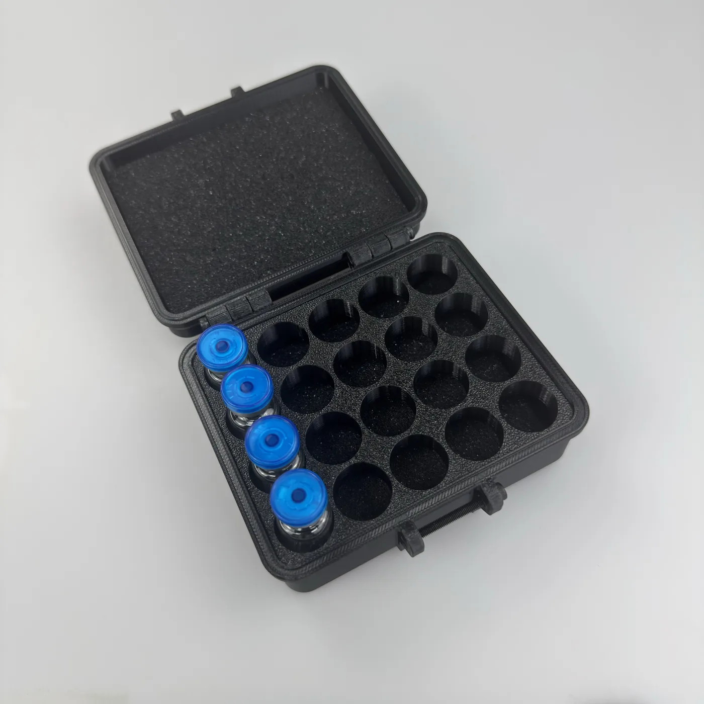 five 3ml vials seated in the removable insert of a 20-slot peptide case